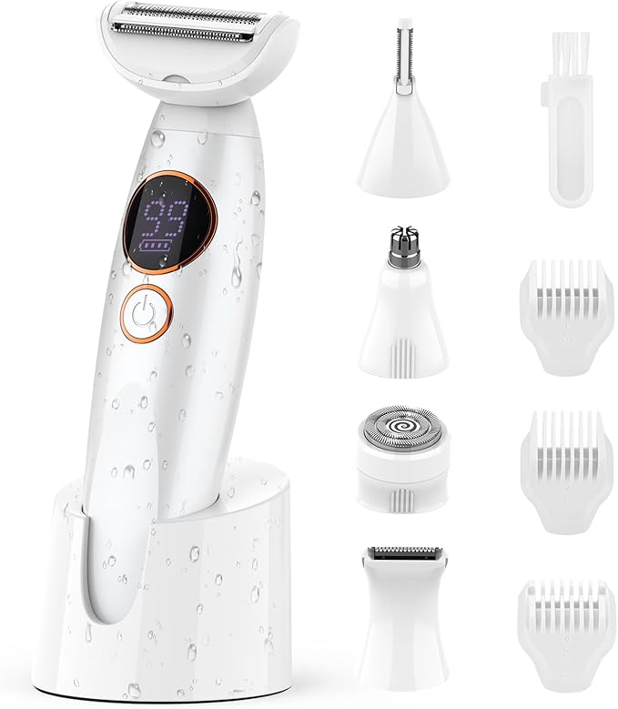 5 in 1 Bikini Trimmer for Women,IPX7 Waterproof Cordless Replaceable Pubic,Eyebrow,Facial Electric Razors&Nose Hair Trimmer&Painless Body Shaver for Arms Legs Underarms,USB Charge,LED Display,Wet&Dry
