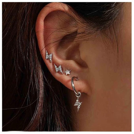 Bohemia Crystal Thunder Hoop Earrings Cz Lighting Bolt Studs Earrings Silver Lighting Drop Earrings Multiple Piecing Dot Earrings for Women and Girls