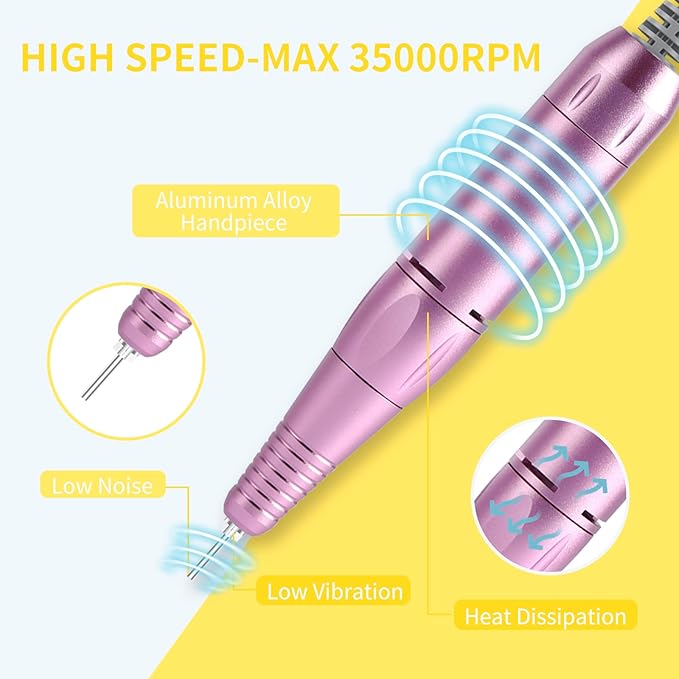 Portable Nail Drill Professional 35000 RPM, MOCOWIND Rechargeable Electric Nail File Machine for Acrylic Nails Gel Polishing, Cordless E-File with Bits Kit for Manicure Salon Home, Yellow & Purple