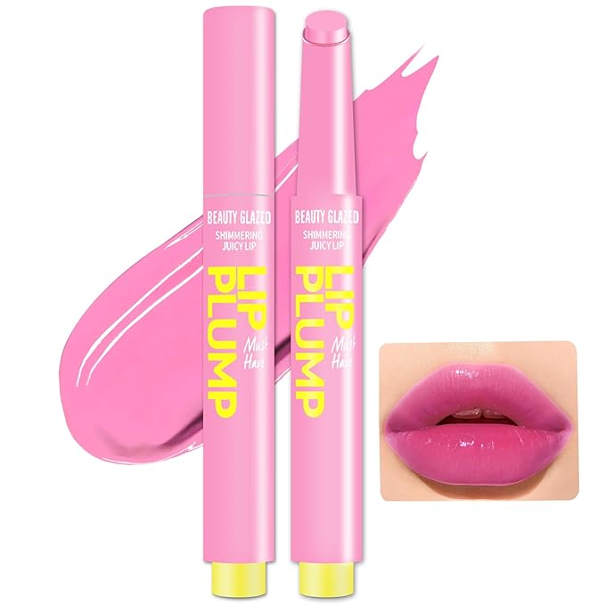 Lip Gloss Stick, Moisturizing Jelly Solid Lip Plump Oil Slick Click,Non Sticky Tinted Press Lipstick Pen, Lightweight Buildable Balm Liner Professional Makeup, High Shine Longlasting Glow-Pink