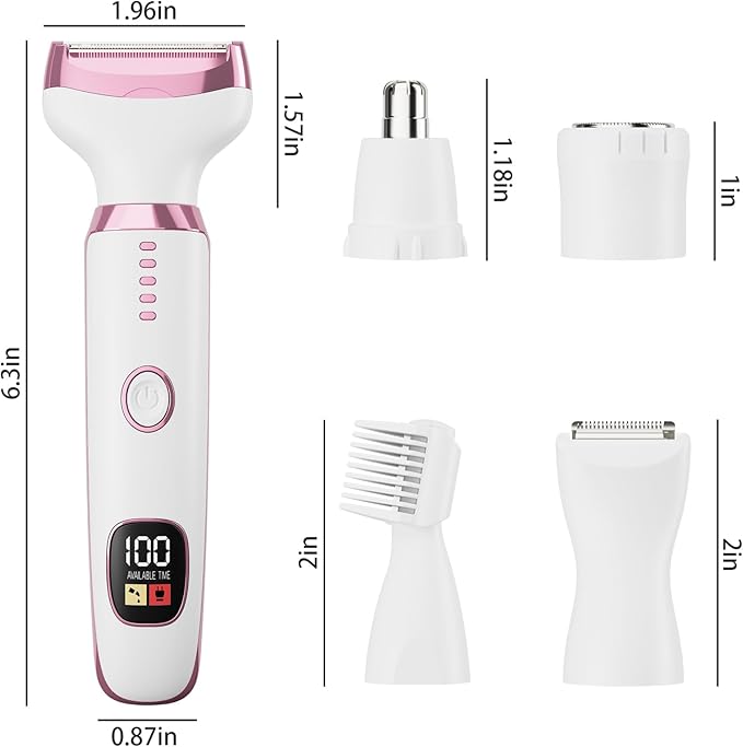 5-in-1 Electric Razor for Women - Bikini Trimmer with LED Display, Painless Hair Removal for Face, Nose, Eyebrows, Arms & Legs - Wet/Dry Rechargeable Shaver for Armpits & Pubic Area