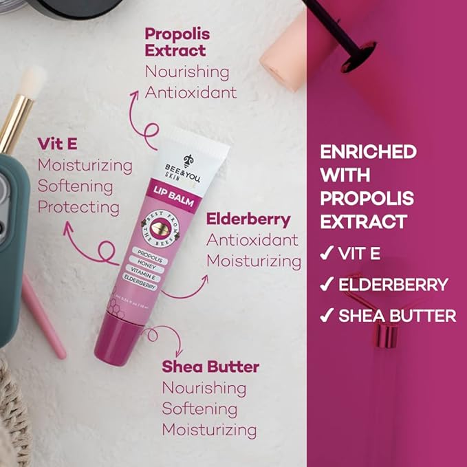 Bee and You Elderberry and Propolis Extract Lip Balm, Beeswax, Shea Butter, Vitamin E, 100% Natural Moisturizing Lip Balm, Chapstick, Chapped Lips Treatment Severe, 10ml