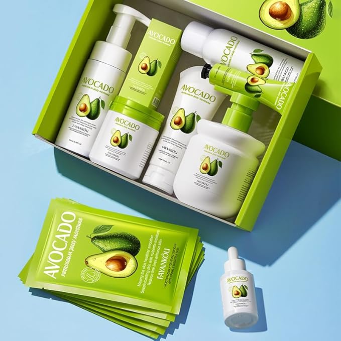Avocado Facial Skincare Set - Complete Eight-Piece Kit for Soothing, Nourishing, and Moisturizing