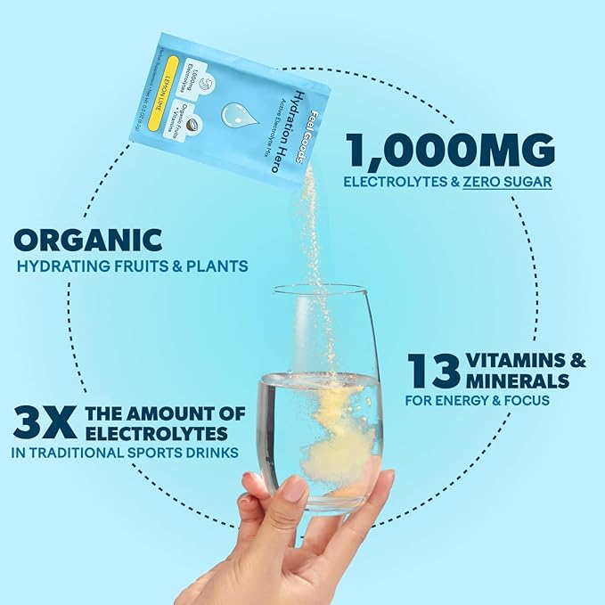 Feel Goods Hydration Hero, 1,000mg Electrolytes Powder, Sugar Free, Magnesium, Organic Aloe Vera, Organic Aloe, L Theanine, Vitamin C & B12, Non GMO, Keto, Vegan | Guava Fresca, 30 Servings