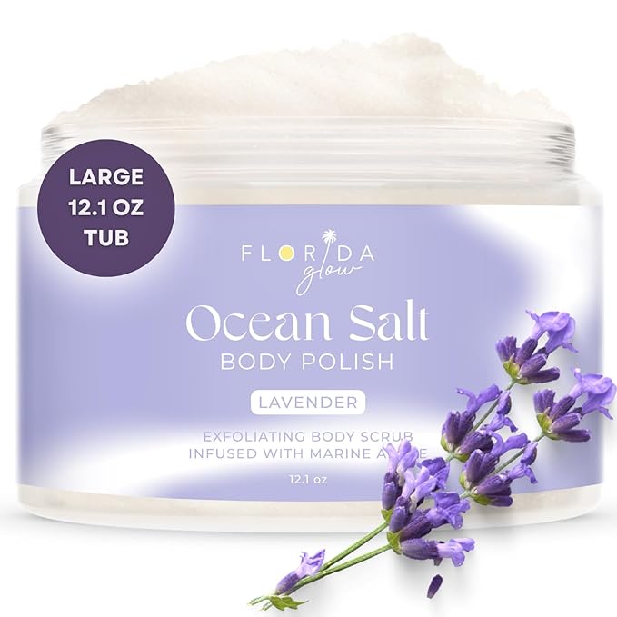 Sea Salt Body Scrub by Florida Glow - Ocean Salt Body Polish Infused with Marine Algae - Exfoliating Face and Body Scrub - to Tackle Acne and Scars for Smooth Soft Skin (Lavender, 12.1 oz)