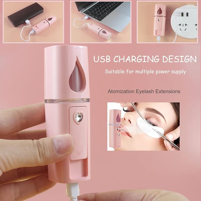 Nano Facial Mister Portable Mist Sprayer with Mirror Mini Cool Mist Spray for Skin Care & Facial Body Moisturized & Eyelash Extensions, USB Rechargeable (Pink)