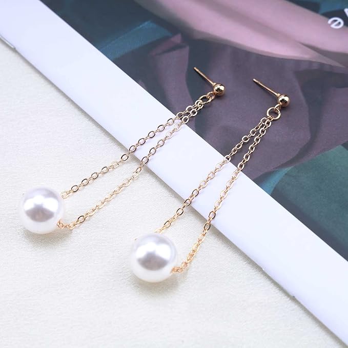 Vintage Pearl Earrings Long Pearl Stud Earrings Boho Gold Pearl Pendant Earrings Big Pearl Dangling Earrings Jewelry for Women and Girls