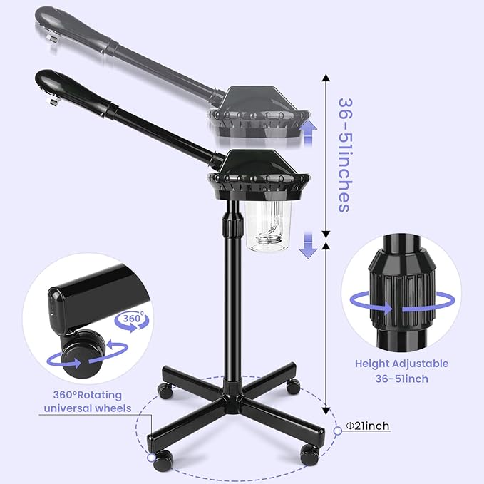 Professional Facial Steamer, Facial Steamer on Wheels, Face Steamer with Time Setting, Stand Face Steamer Adjustable Height for Spa, Salon and at Home use