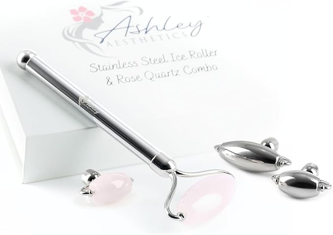 Stainless Steel Ice Roller & Rose Quartz Facial Set | Luxury Skin Care Tools for Lymphatic Drainage, Product Absorption, Skin Tightening, & Relaxation