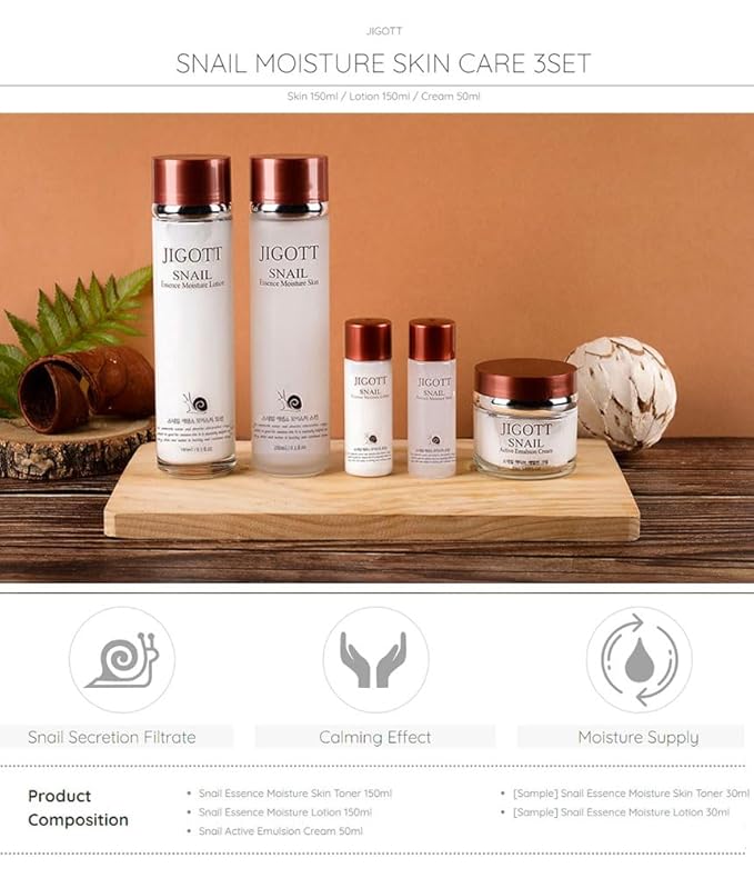 Snail Essence Moisture Skin Care 3Set, K Beauty Snail Cream, Moisturizer, Toner, Anti-Aging Hydration