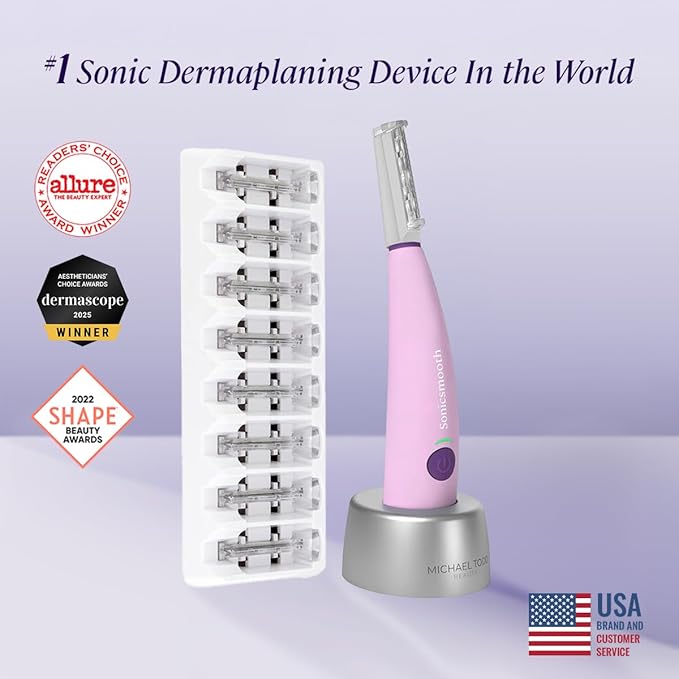 Michael Todd Beauty Sonicsmooth Dermaplane Razor for Women Face + Eyebrow trimmer Dermaplaning System - Peach Fuzz Remover - 8 Weeks of Dermaplaning Blades