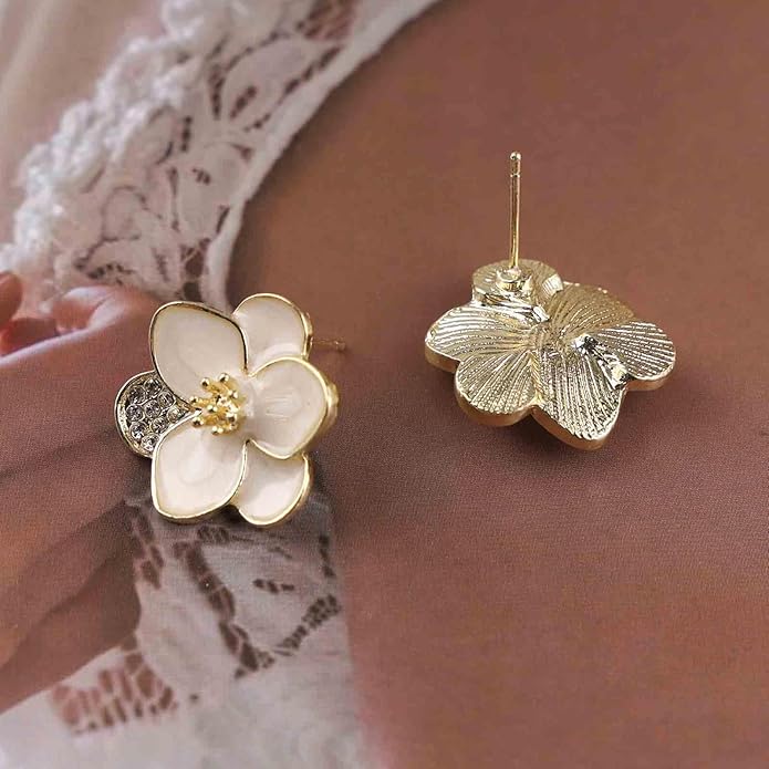 Vintage Enamel Flower Stud Earrings Camellia Flower Earrings Gold Crystal Flower Petal Earrings White Petal Stud Earrings Jewelry for Women