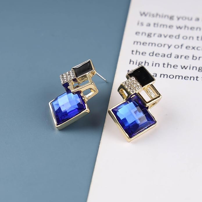 Vintage Crystal Square Drop Earrings Black Square Stud Earrings Gold Hollow Square Dangle Earrings Black Onyx Square Earrings Jewelry for Women