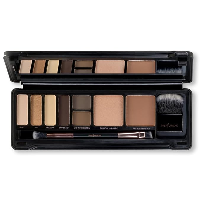 Profusion Cosmetics Day Face Pro Makeup Case - 8 Shades Palette with Brushes for Perfect Daytime Looks
