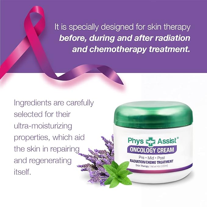 PhysAssist Oncology Cream 4 oz plus Lip Balm. Hydrates and Pampers Stressed skin. Made with a blend of natural Botanicals. Clinically Tested, Non Irritant.