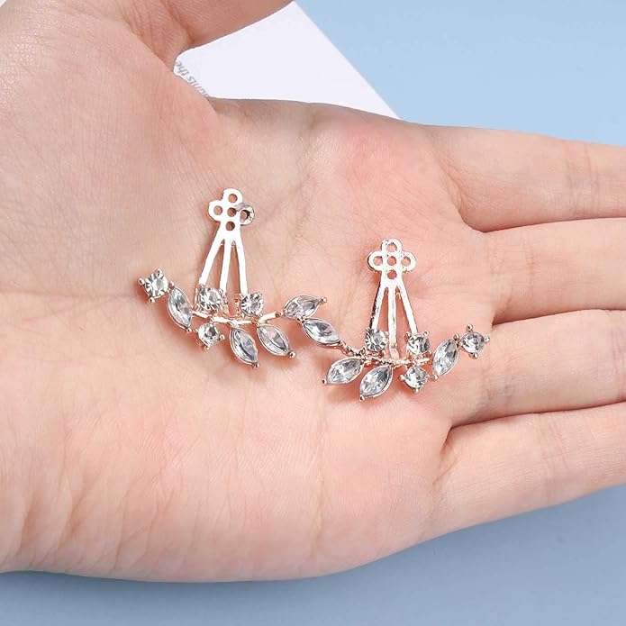 Boho Crystal Leaf Ear Jackets Earrings Gold Cz Crystal Earrings Rhinestone Front Back Studs Earrings Minimalist Earrings Jewelry for Women and Girls Gifts