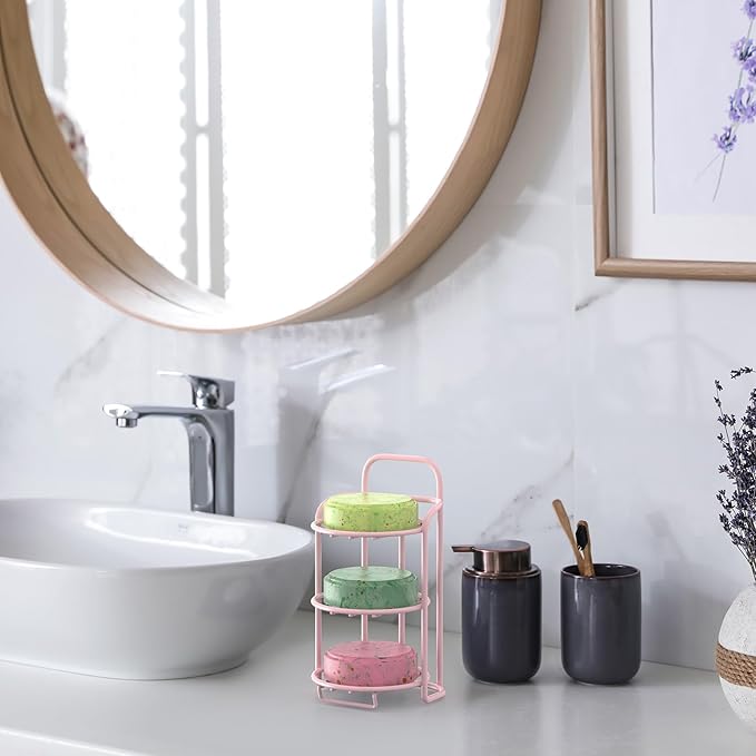 Pink 3-Tier Shower Soap Shampoo Bar Holder, Self Adhesive & Freestanding Draining Soap Dish Caddy for Bathroom Wall Accesories Decor