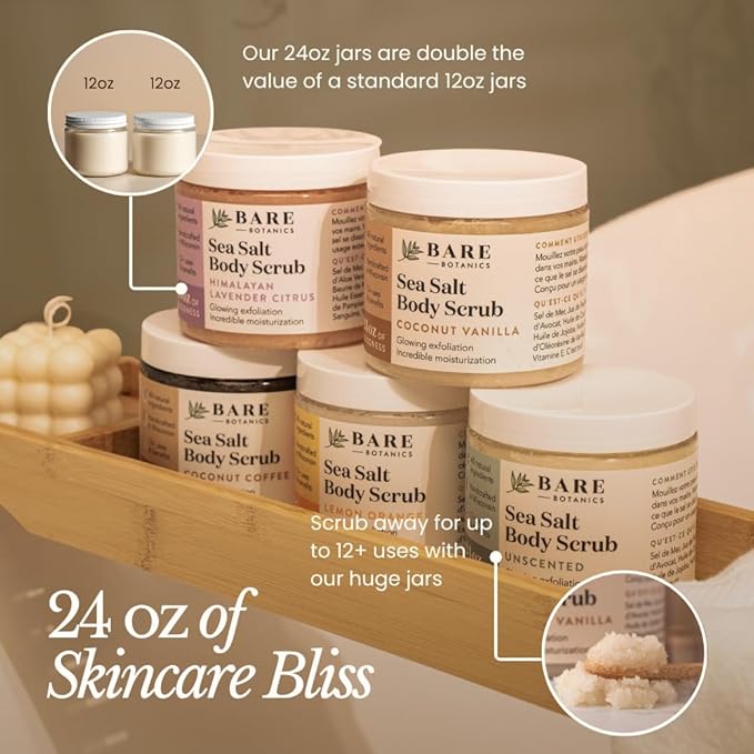 Bare Botanics Lemon Orange Body Scrub 24oz | Made in Madison, WI | All Natural Sea Salt Exfoliator w/ Skin Loving Moisturizers | Vegan & Cruelty Free | Gift Ready Packaging w/ a Cute Wooden Spoon