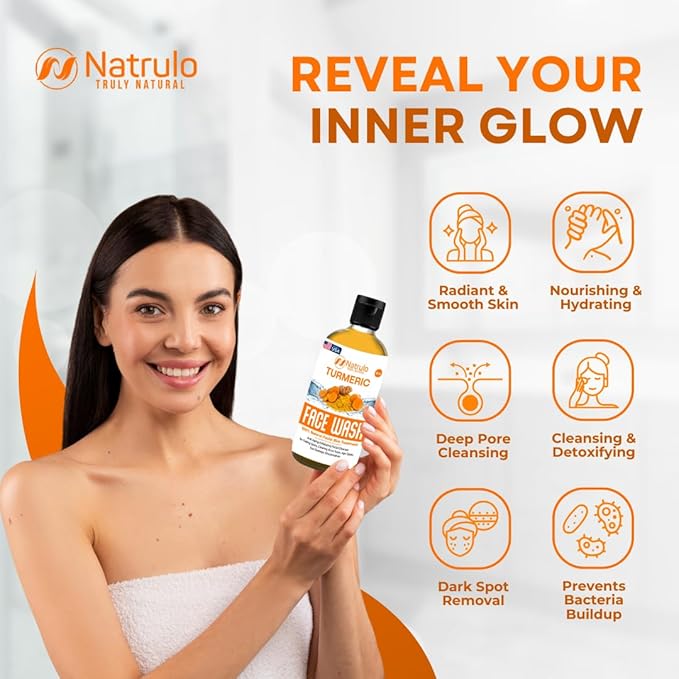 Natrulo Turmeric Face Wash, 4oz Clear Skin Liquid Soap – 100% Natural Anti Aging Exfoliating Turmeric Facial Cleanser for Fading Spots, Clearing Acne Scars, Age Spots, Sun Damage, Discoloration