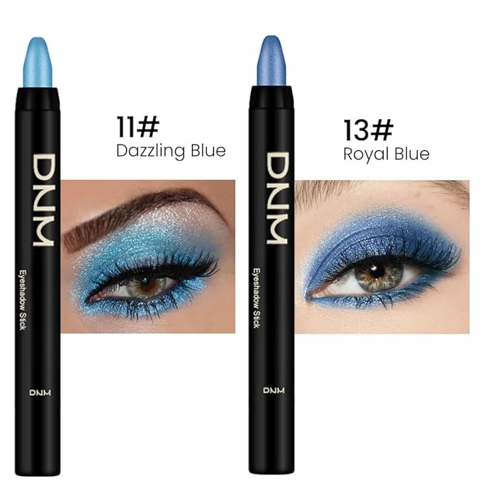 Kaely 2Pcs Bright Blue Eyeshadow Stick for Older Women, Metallic Shimmer Glitter Cream Eye Shadow Pencil Crayon, Light Blue Eyeliner Waterproof Halloween Makeup, 11+13