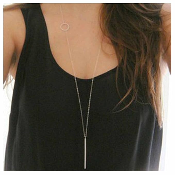 Vertical Bar Circle Necklace Silver Circle Pendant Necklace Boho Long Necklaces Chain Minimalist Geometric Ring Necklace Jewelry for Women and Girls