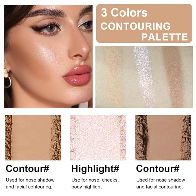 3 IN 1 Brown Nude Face Highlight Bronzer Powder Palette for Face Cheeks Contour Brightening, Buildable Matte Coverage Natural Makeup,Ultra Sculpt Nose Shadow Eyeshadow Primer 02#