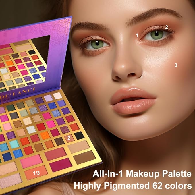 Large Eyeshadow Palette for Makeup Beginners, DE'LANCI Big Colorful All In One Makeup Palette for Stage Makeup, Blush Highlighter Contour Full Highly Pigmented Makeup Pallet Teen Holiday Gifts