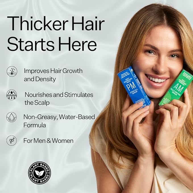 Peptide & Stem Cell Hair Growth Serum, AM & PM Bundle – Formula with Apple Stem Cells for Thicker, Stronger Hair – Stem Cell Scalp Serum for Hair Growth and Nourishment for Men & Women