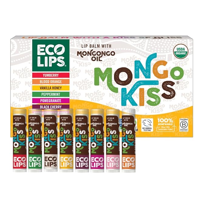 Mongo Kiss USDA Organic Lip Balm Set 8-pack (0.15 oz. each) with Mongongo Oil & Cocoa Butter to Moisturize Chapped Lips | Made in USA by Eco Lips (Variety)