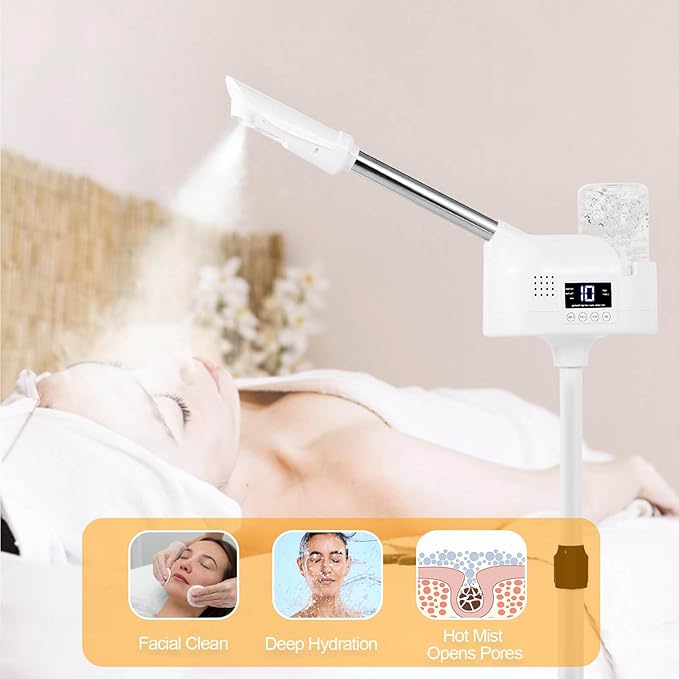 Professional Facial Steamer, Facial Steamer with Hot Mist and Timer Function, Adjustable Height Face Steamer on Wheels with 360° Rotatable Nozzle and Touch Screen for Deep Hydration and Cleaning