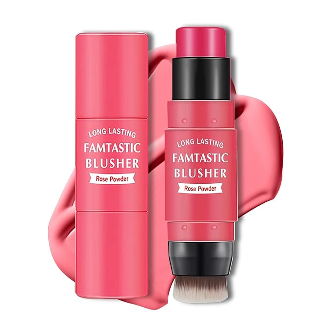 Cream Blush Stick with Brush, Waterproof, Long Lasting, Natural Finish, Rose Red - Compact Stick for All Skin Tones