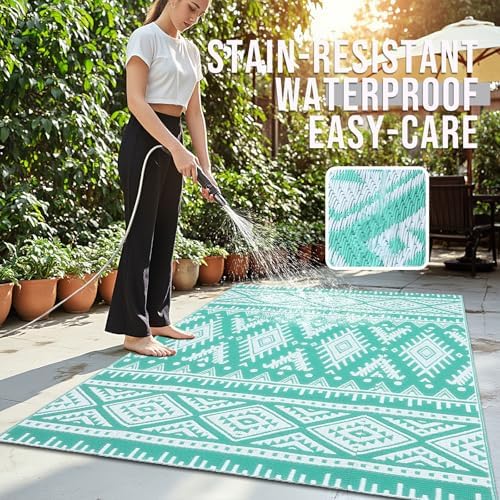 OLANLY Outdoor Rug 5x8 ft Waterproof Reversible Boho Mat, Turquoise & White - Image 3