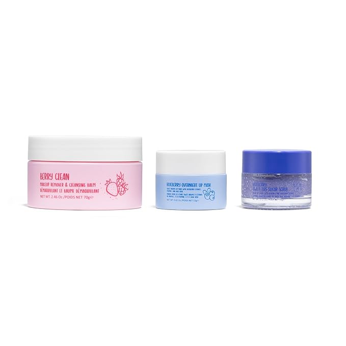 W7 Very Berry Clean - Makeup Cleansing Balm, Lip Mask & Scrub Trio - Gentle Makeup Remover & Overnight Lip Care Set