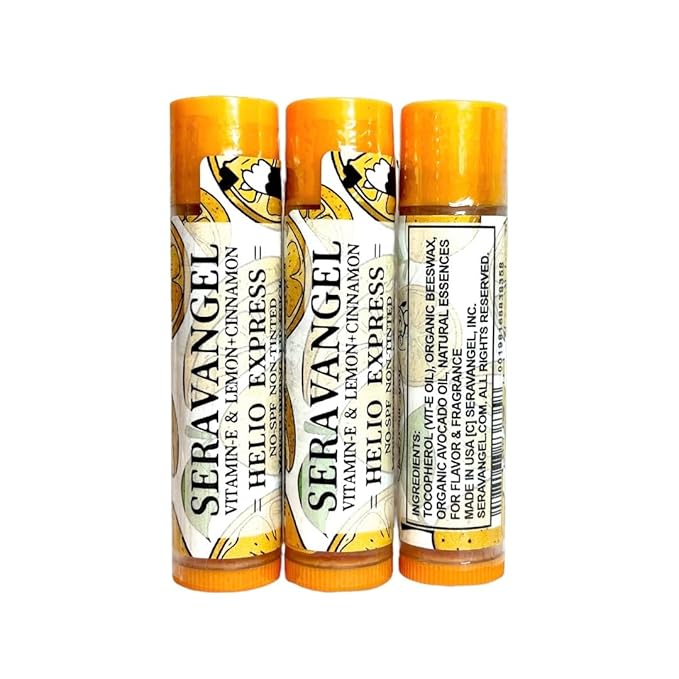 Helio Express Lip Moisturizing Balm, Vitamin E, Lemon + Cinnamon Flavor, Beeswax, 100% Natural, No SPF, Non-Tinted, 3 Pack