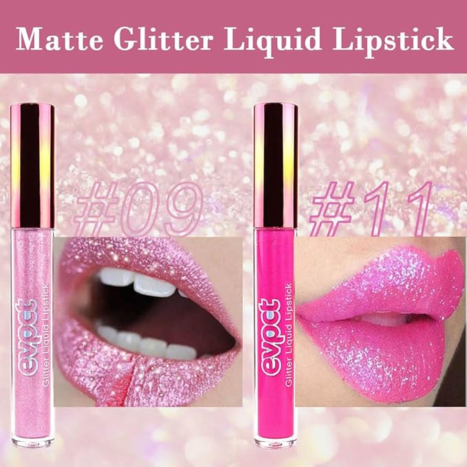 evpct 2Pcs Rose & Hot Pink Glitter Metallic Shimmer Diamond Lipstick Lip Gloss Set for Women Long Lasting Waterproof, Light Bright Rose Pink Sparkle Glitter Matte Liquid Lipstick Lip Makeup Kit