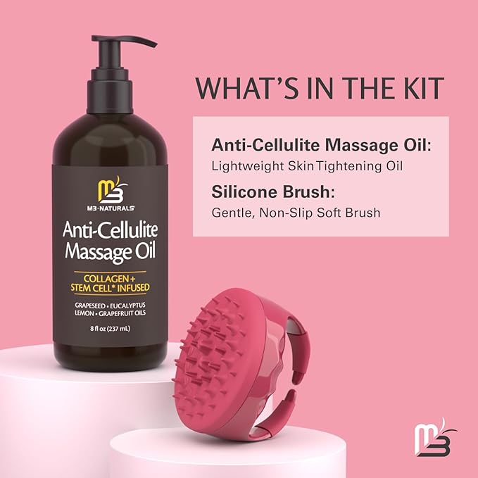 M3 Naturals Anti Cellulite Massage Oil and Silicone Body Brush – Collagen and Stem Cell Skin Tightening Formula for Smoothing and Firming – 8 Fl Oz