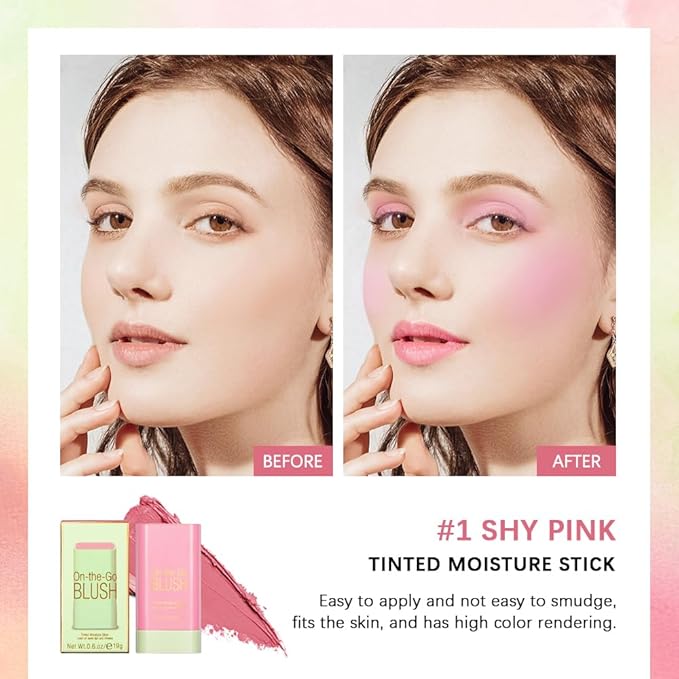 Soft Creamy Blush Stick,On-the-Go Blush,2-in-1 Cheek and Lip Tint,Waterproof Hydrating Solid Natural Moisture Smooth Blendable Matte Finish Face Blush Makeup,01 shy pink