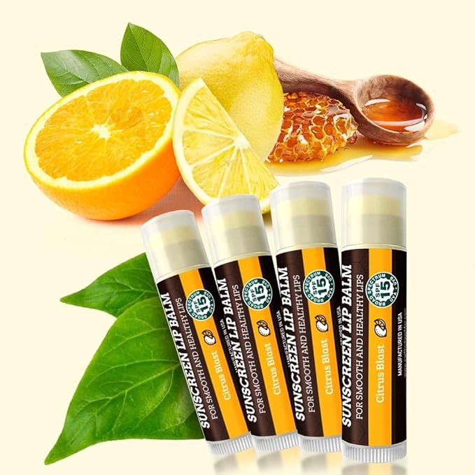 SPF Lip Balm 4-Pack by Earth's Daughter - Lip Sunscreen, SPF 15, Organic Ingredients, Citrus Flavor, Beeswax, Coconut Oil, Vitamin E - Hypoallergenic, Paraben Free, Gluten Free