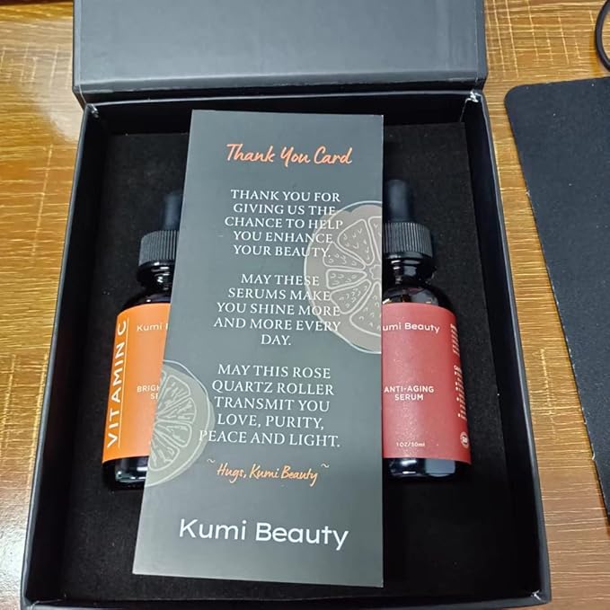 Kumi Beauty. K-Beauty Serums ~ 3 in 1 Gift Box ~ ||| Set: 2 Face Serums (Vitamin C + Retinol) + 1 Rose Quartz Roller.