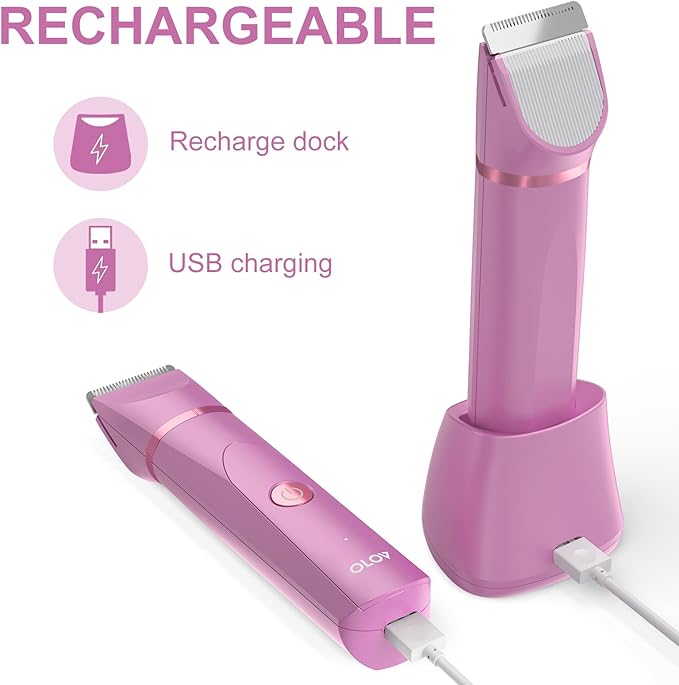OLOV Electric Body Hair Trimmer - Groin Trimmer for Men - Bikini Trimmer Women - Wet/Dry Shaver Groomer, Replaceable Ceramic Blade Heads, USB Recharge Dock, Waterproof Hygiene Razor, Pink
