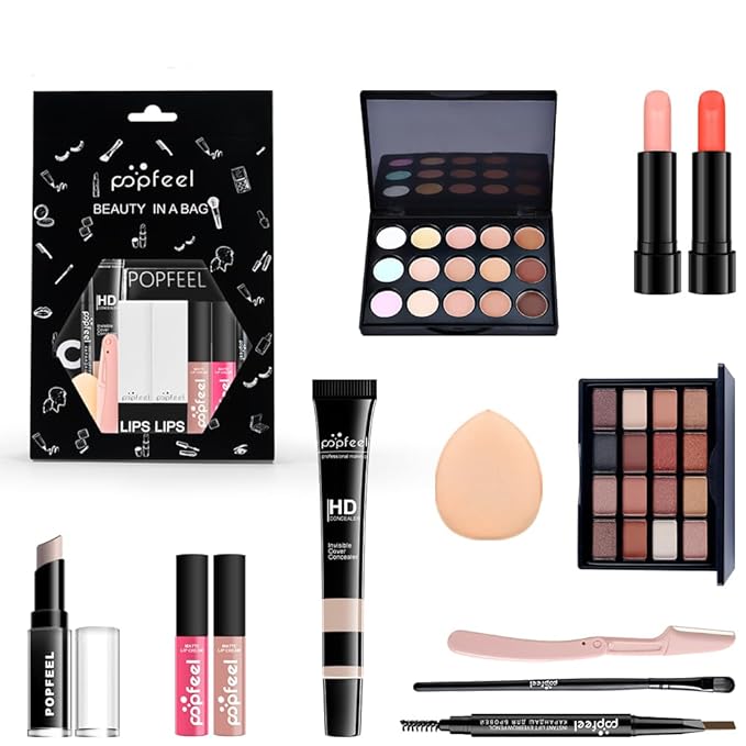 All in One Eyeshadow Palette Makeup Set, Makeup Kit with Earth Tone Eyeshadow Palette, Mascara, Concealer Palette, Lip Gloss,Travel Makeup Bundle Holiday Surprising Makeup Box for Women Girl