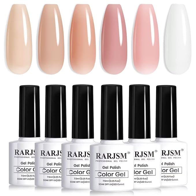 RARJSM Nude Gel Nail Polish Apricot Peach Pink Jelly Gel Polish Set of 6 Transparent Colors 7.5ml Clear Purple Sheer Wine Red Milky Mavue French Manicure LED UV Gel Soak Off Curing Requires Home