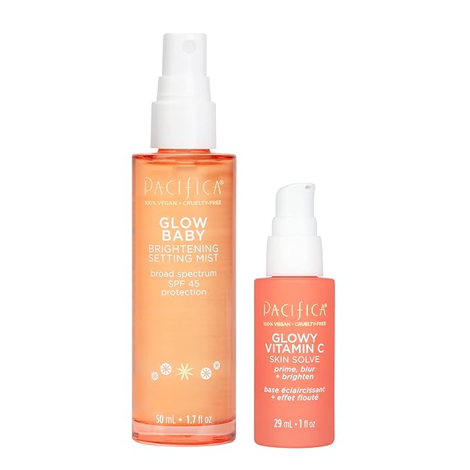 Pacifica Beauty Glow Baby Brightening Setting Mist & Glowy Vitamin C Skin Solve Set, Skincare, Suncare, SPF 45, UVA/UVB, Blue Light Protection, Primer, Vegan, 1.7 fl oz and 1 fl oz (Set of 2)
