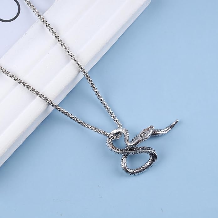 Vintage Snake Pendant Necklace Punk Snake Necklace Serpent Choker Necklace Silver Box Chain Necklace Jewelry for Women