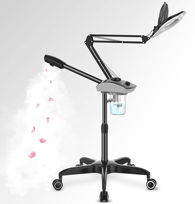 TASALON Professional Facial Steamer with 5X Magnifying Lamp, 2-in-1 Esthetician Steamer on Wheels with Ozone and Hot Mist, Ionic Facial Steamer for Facial Deep Cleaning and Moisturize