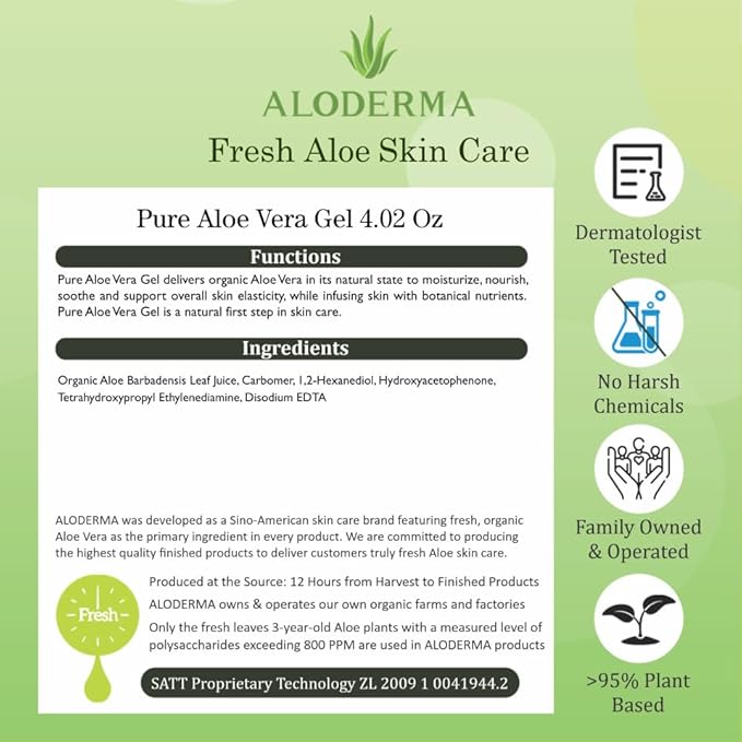 Aloderma 99% Organic Aloe Vera Gel for Face Made within 12 Hours of Harvest, Natural Hydrating Pure Aloe Vera for Soothing Skincare, Moisturizing Aloe Gel for Skin, Face, Sensitive Skin, 4oz - 2ct