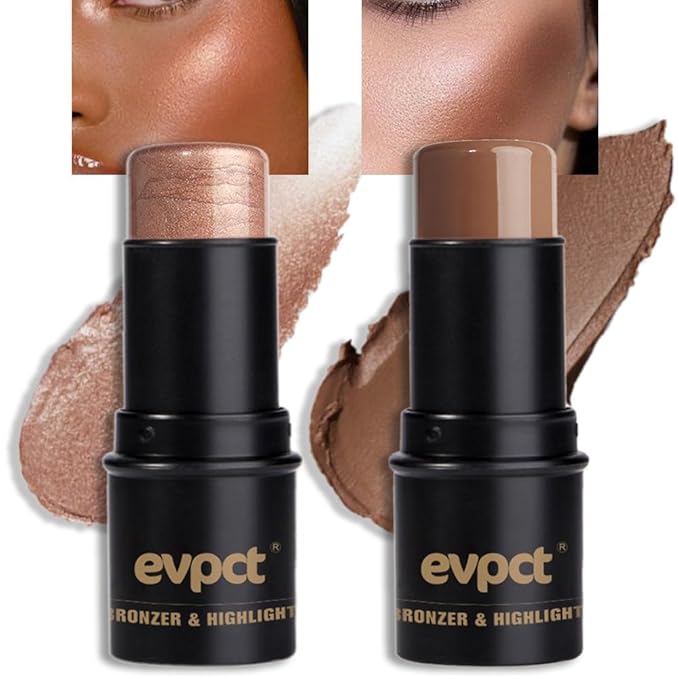 evpct 2Pcs Face Cream Contour Bronzer Sticks Makeup Highlighter Highlight Almond Mocha Creme Cheek Contour Sticks contorno en crema Bronzing Foundation Face Contour Stick Kit,1+10 New Medium
