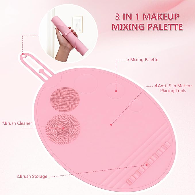 Makeup Palette, 3 in 1 Silicone Makeup Mat with Brush Cleaner and Vanity Protector Design for Mixing Foundation Eye Shadow Nail Art Gel, Cosmetic Brush Washing, Easy to Clean, Pink