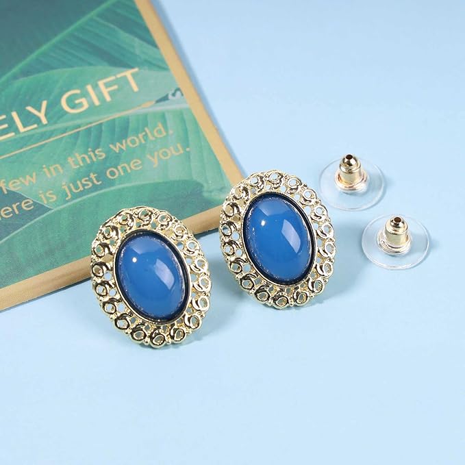 Vintage Oval Blue Gem Earrings Blue Lapis Earrings Antique Halo Oval Earrings Custom Oval Studs Earrings Jewelry for Women and Girls Gifts