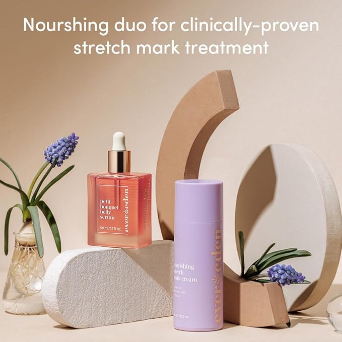 Evereden Postpartum Glow Duo - Petit Bouquet Belly Oil & Nourishing Stretch Mark Cream - Dermatologist-Developed Clean & Vegan Maternity Skincare Postpartum Gifts for New Mom - Stretch Mark Reduction